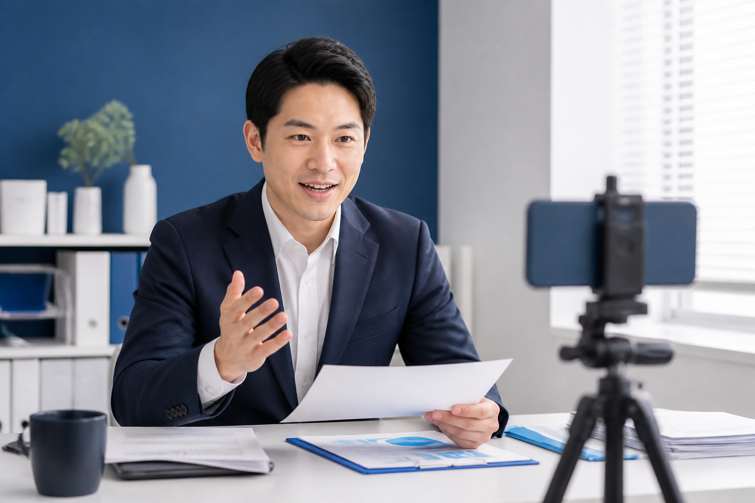 地方議員が事務所で政策の背景を説明する動画を準備する様子