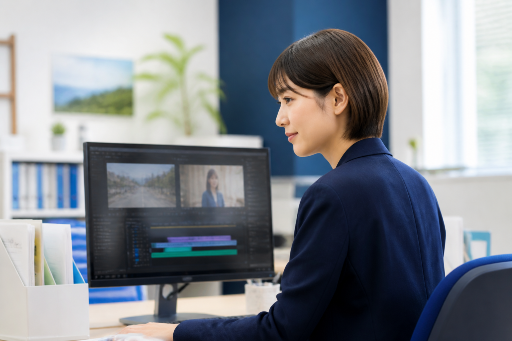 議員事務所でSNS動画のテロップを確認する広報担当者