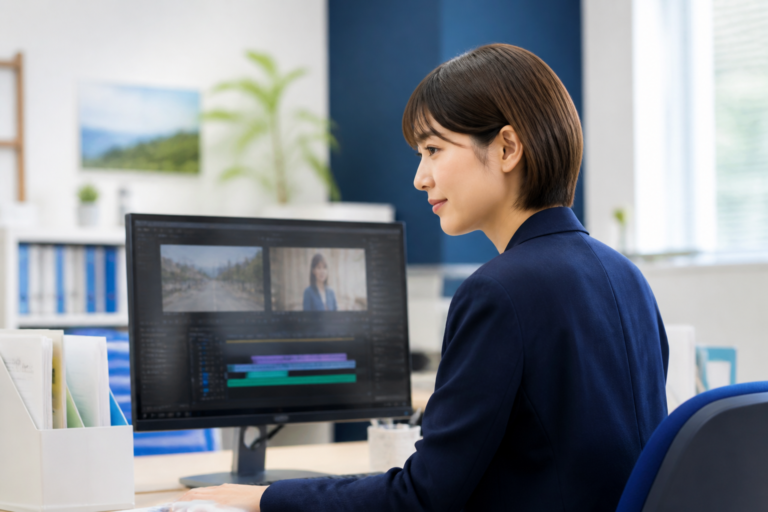 議員事務所でSNS動画のテロップを確認する広報担当者