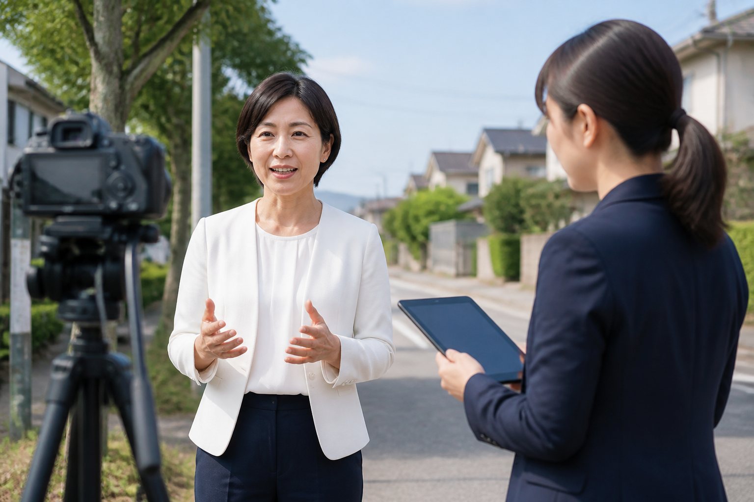 屋外で撮影した地域活動動画の音声と字幕を確認する担当者