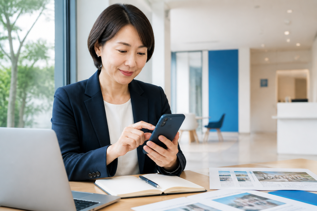 市議会議員がスマートフォンで地域活動のSNS発信を準備している様子