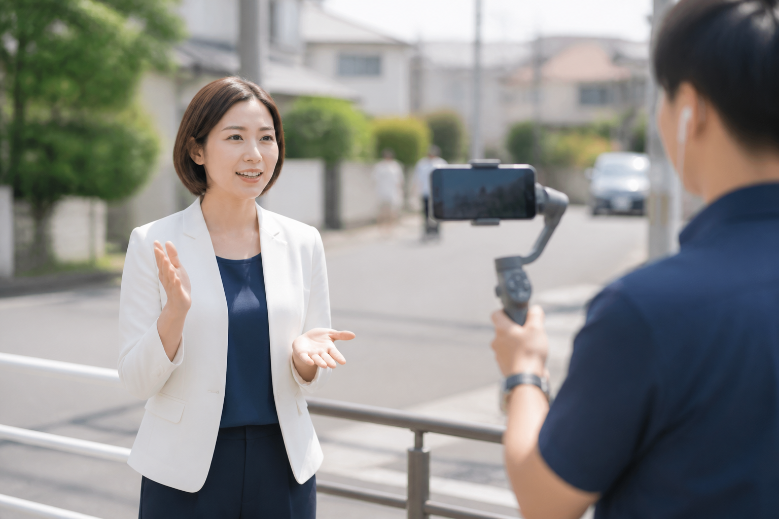 市議会議員が地域の現場で短い活動報告動画を撮影している様子