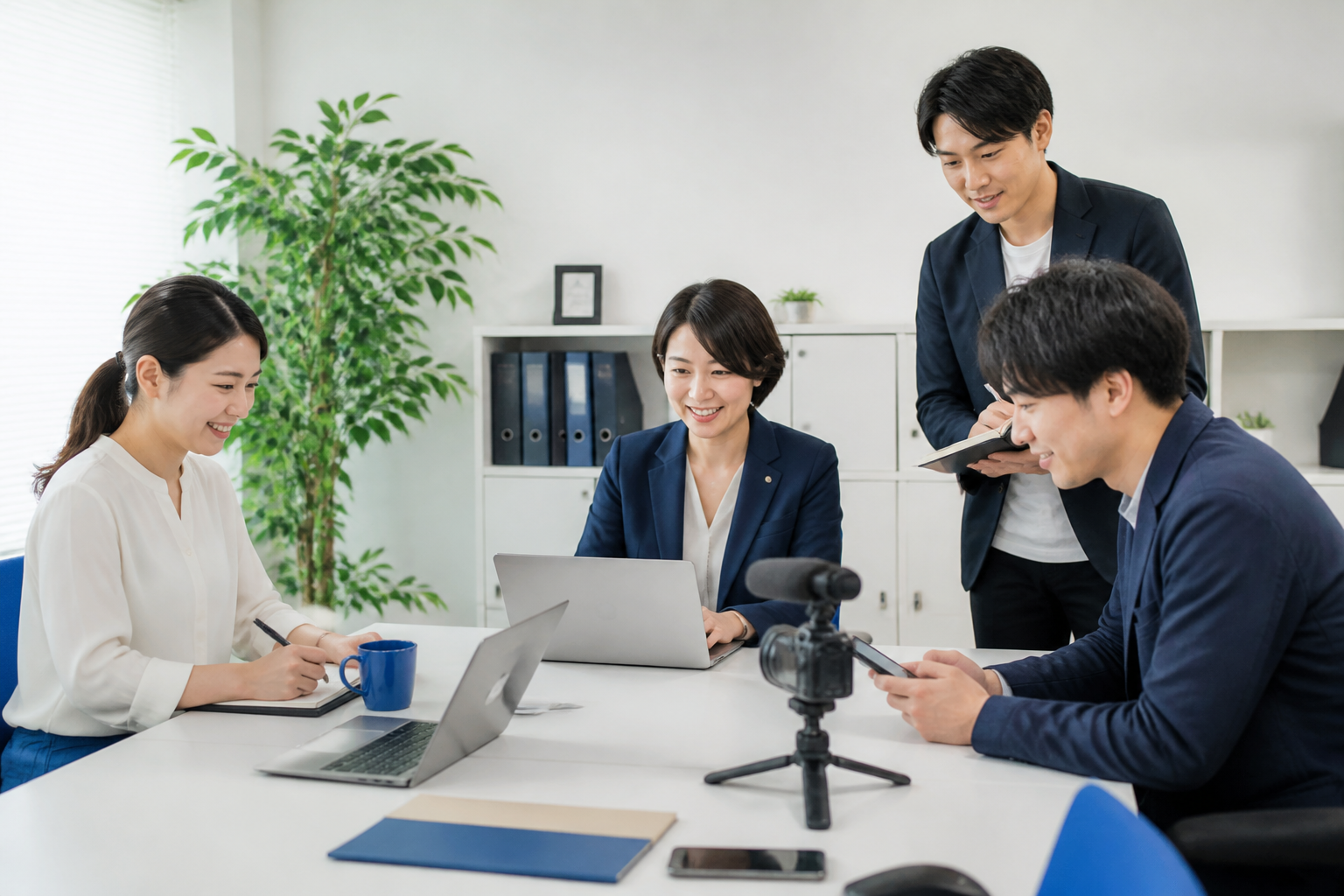 市議会議員と事務所スタッフが継続的なSNS運用の準備をしている様子