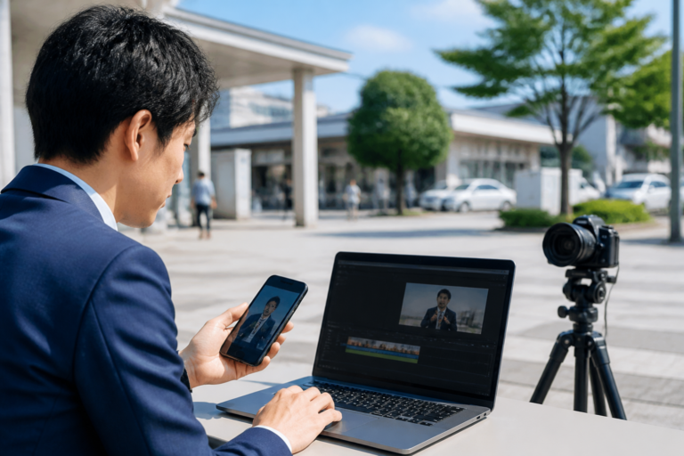 街頭演説の撮影素材をノートパソコンでSNS向けに編集する政治活動スタッフ