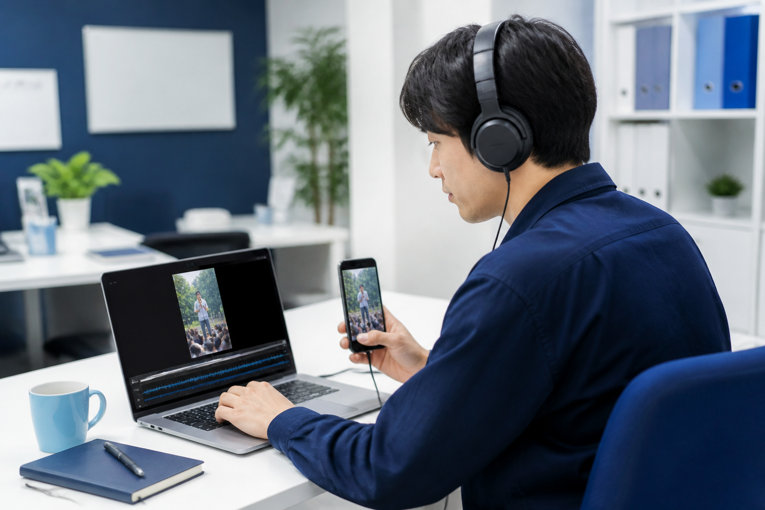 スマートフォン向けの縦型画面と音声を調整するスタッフ