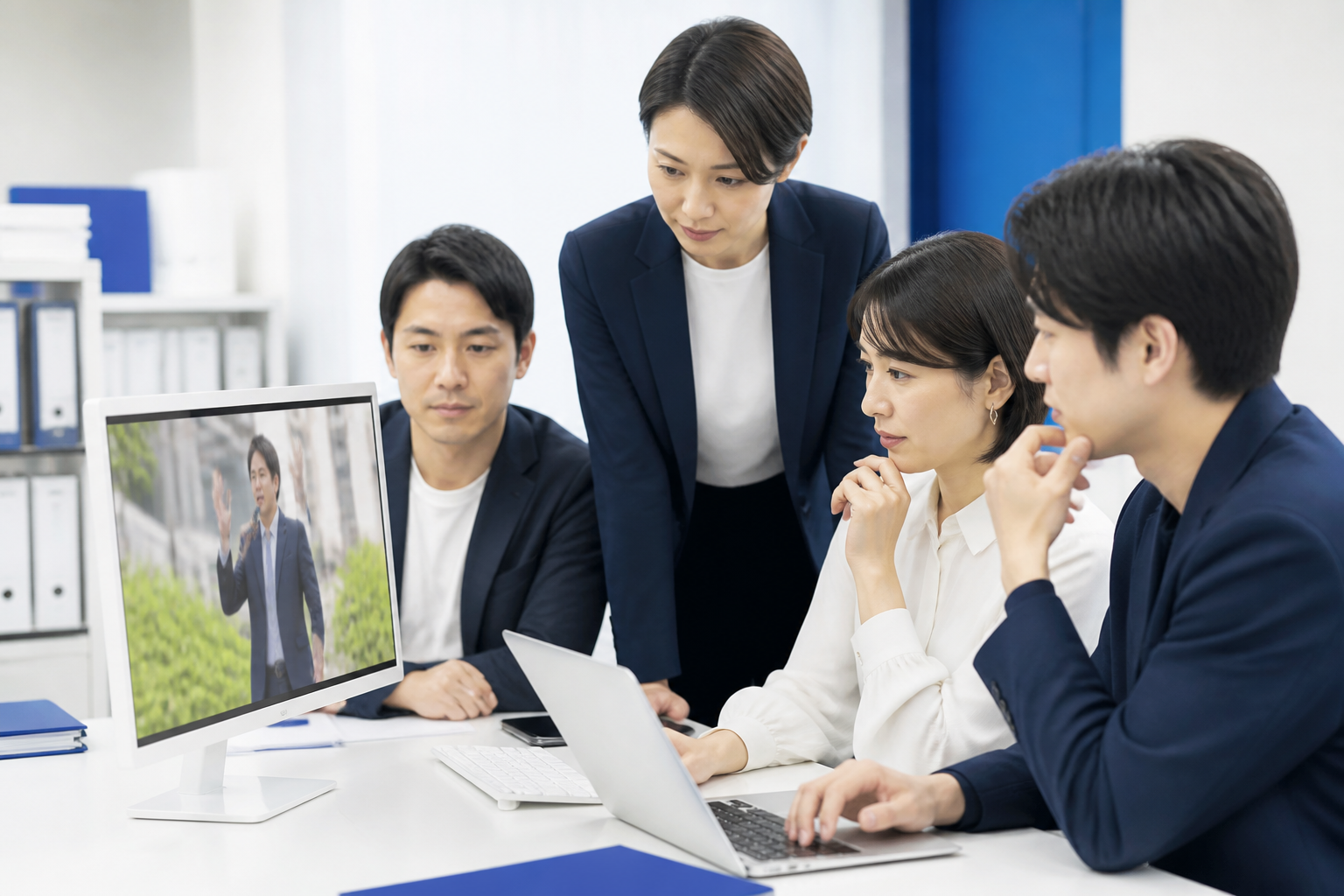 街頭演説動画の映り込みと発言内容を公開前に確認するスタッフ