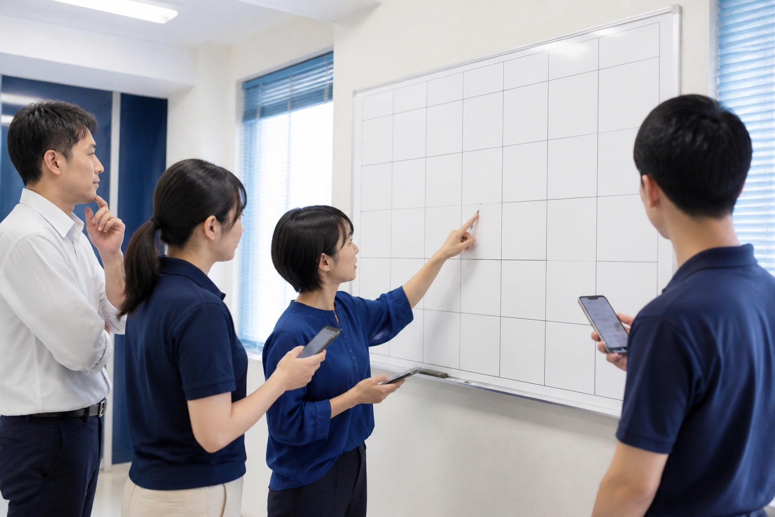SNS投稿の公開期間と予約設定を確認する選挙事務所のスタッフ