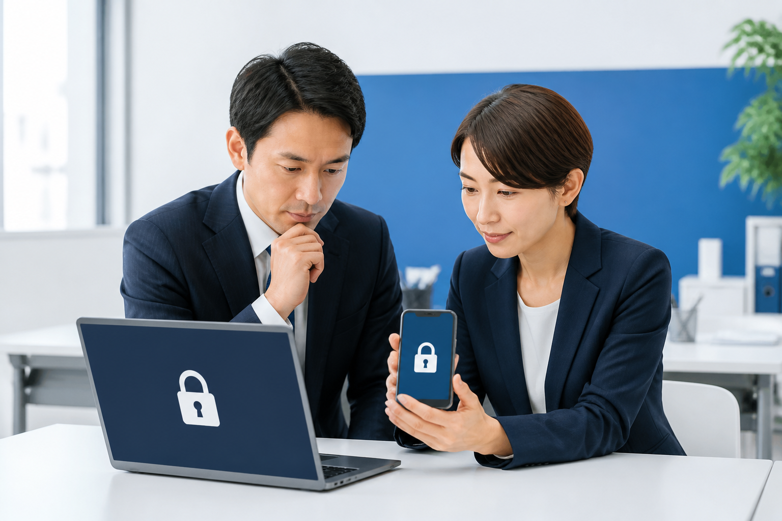 SNSアカウントの権限とセキュリティ設定を点検する事務所スタッフ