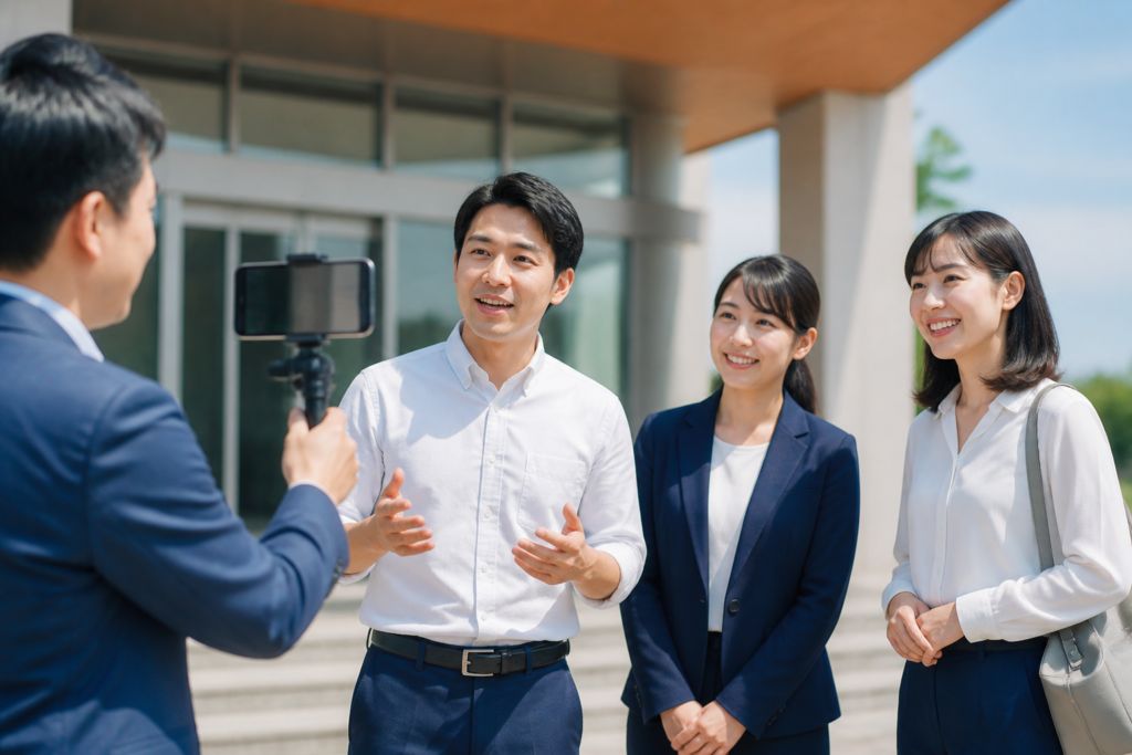 地域施設の前でスマートフォンを使い短編動画を撮影する候補者と事務所スタッフ