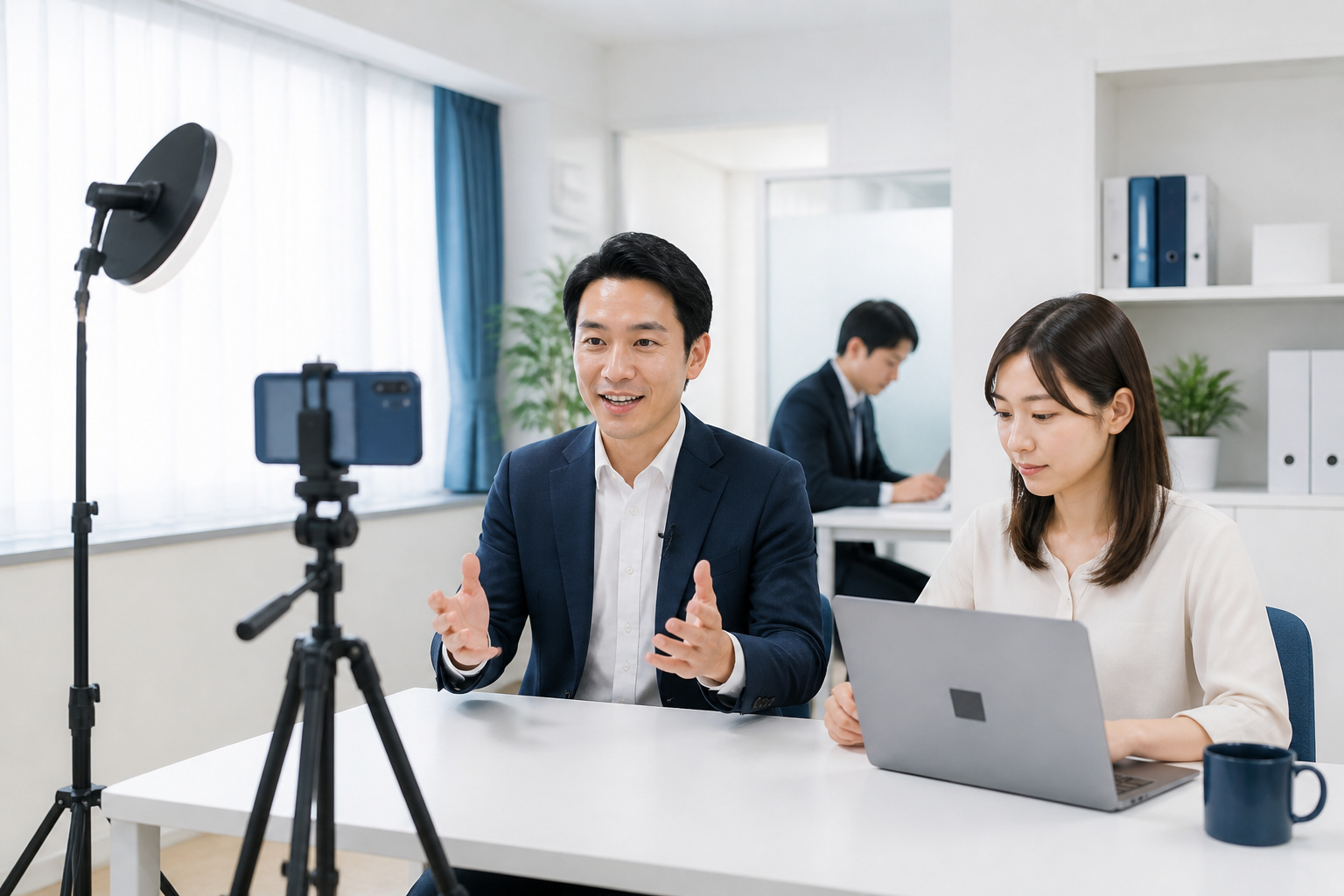 事務所内の決められた手順で動画を撮影し編集する様子