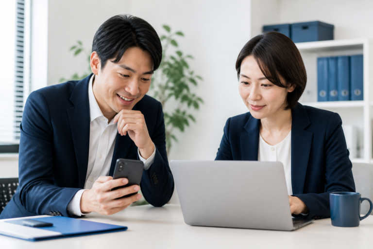 候補者と広報担当者が事務所で政策のSNS発信を確認している様子