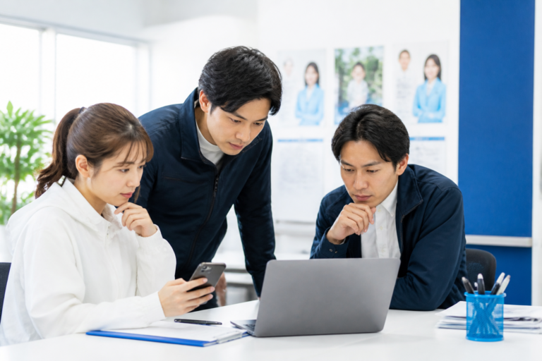 選挙期間中のSNS投稿を事務所内で確認するスタッフ