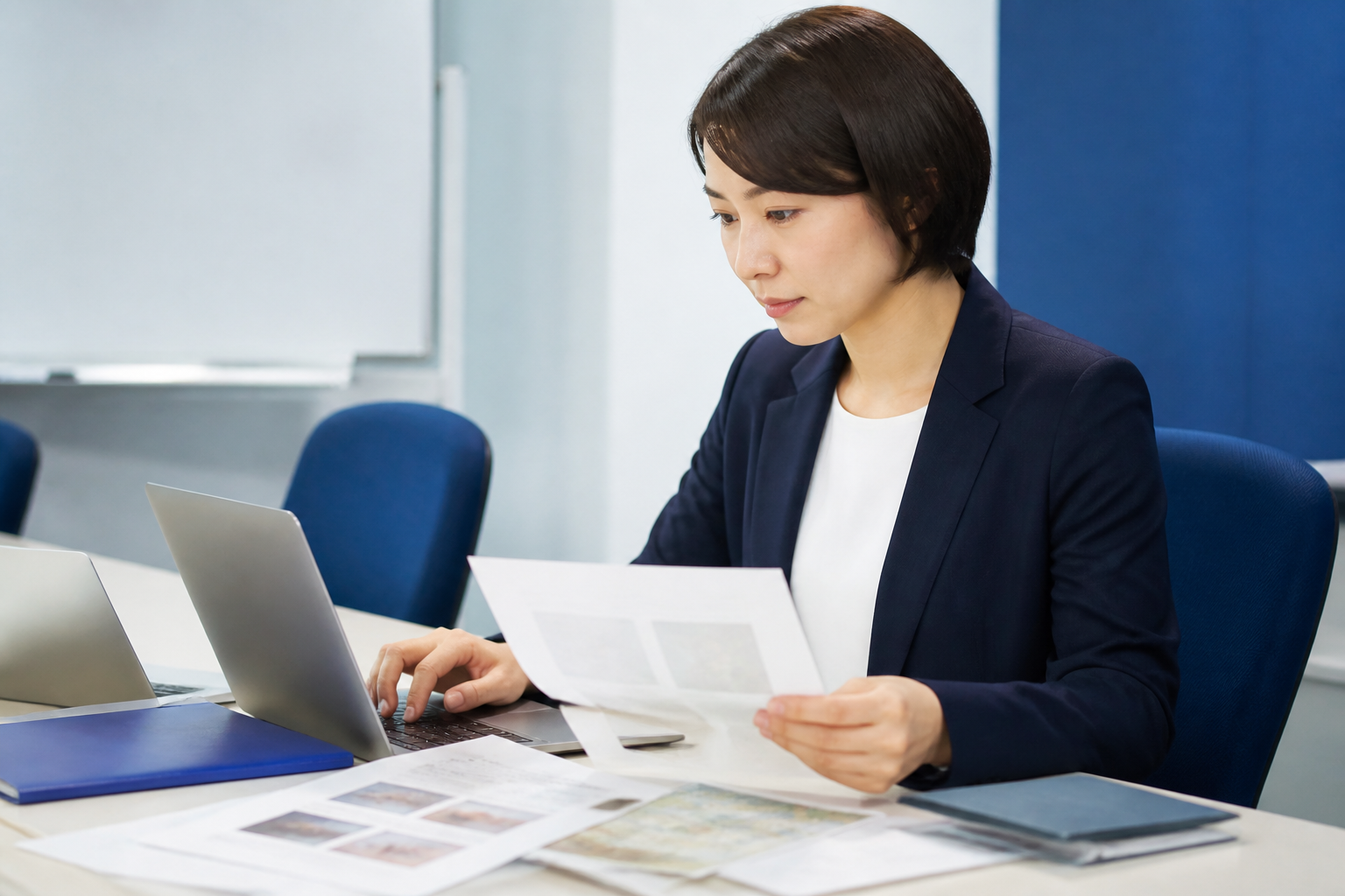 政策情報の出典と前提を資料で確認する広報スタッフ