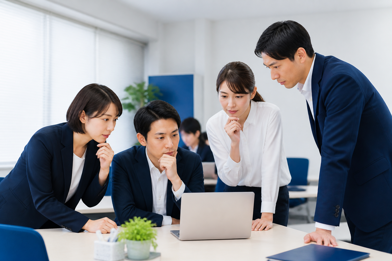 公開前にSNS投稿を保留して相談する選挙事務所のスタッフ