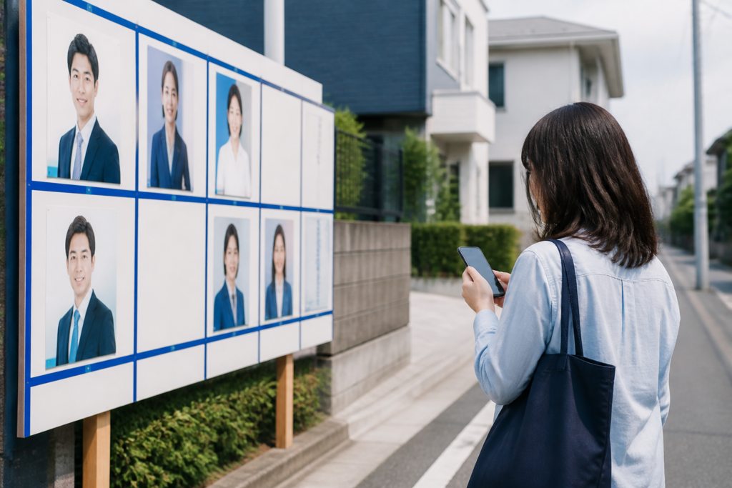 選挙ポスター掲示場の近くでスマートフォンから地域情報を確認する住民