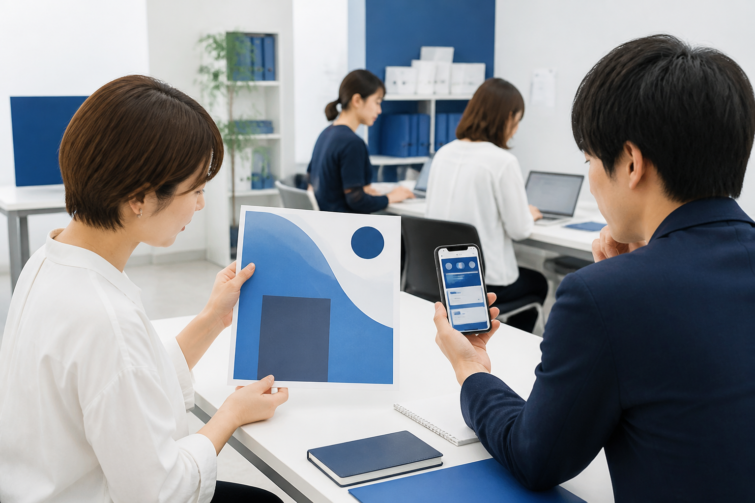 ポスター案とスマートフォンを並べて広報の役割を確認するスタッフ