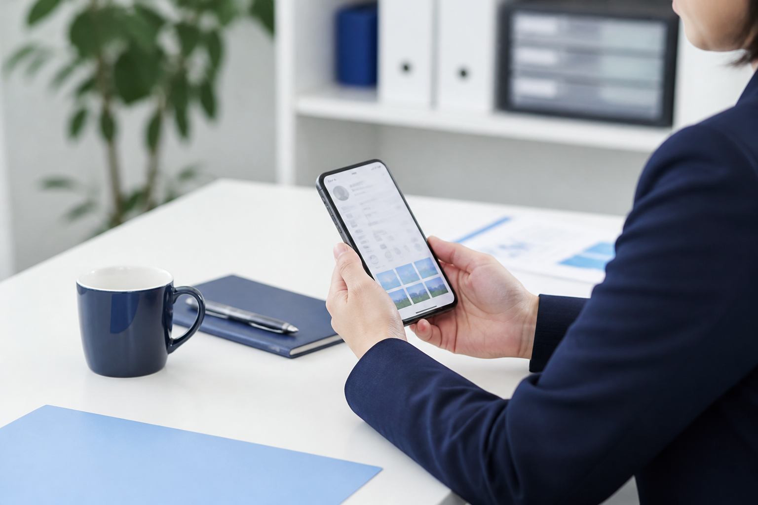 スマートフォンでSNSプロフィールと固定投稿の構成を確認するスタッフ