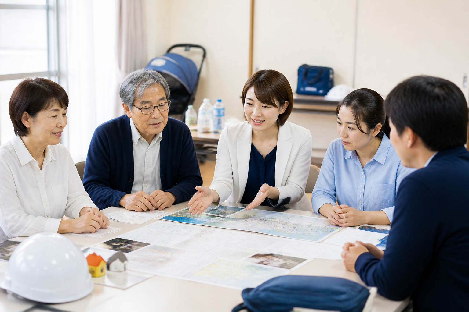 地域の資料を囲み暮らしに関わる課題を話し合う住民とスタッフ
