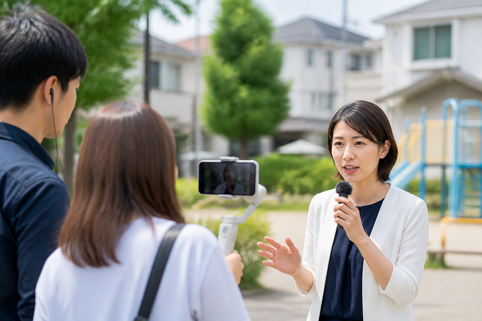 地域を背景にスマートフォンで短い説明動画を撮影する政治活動関係者