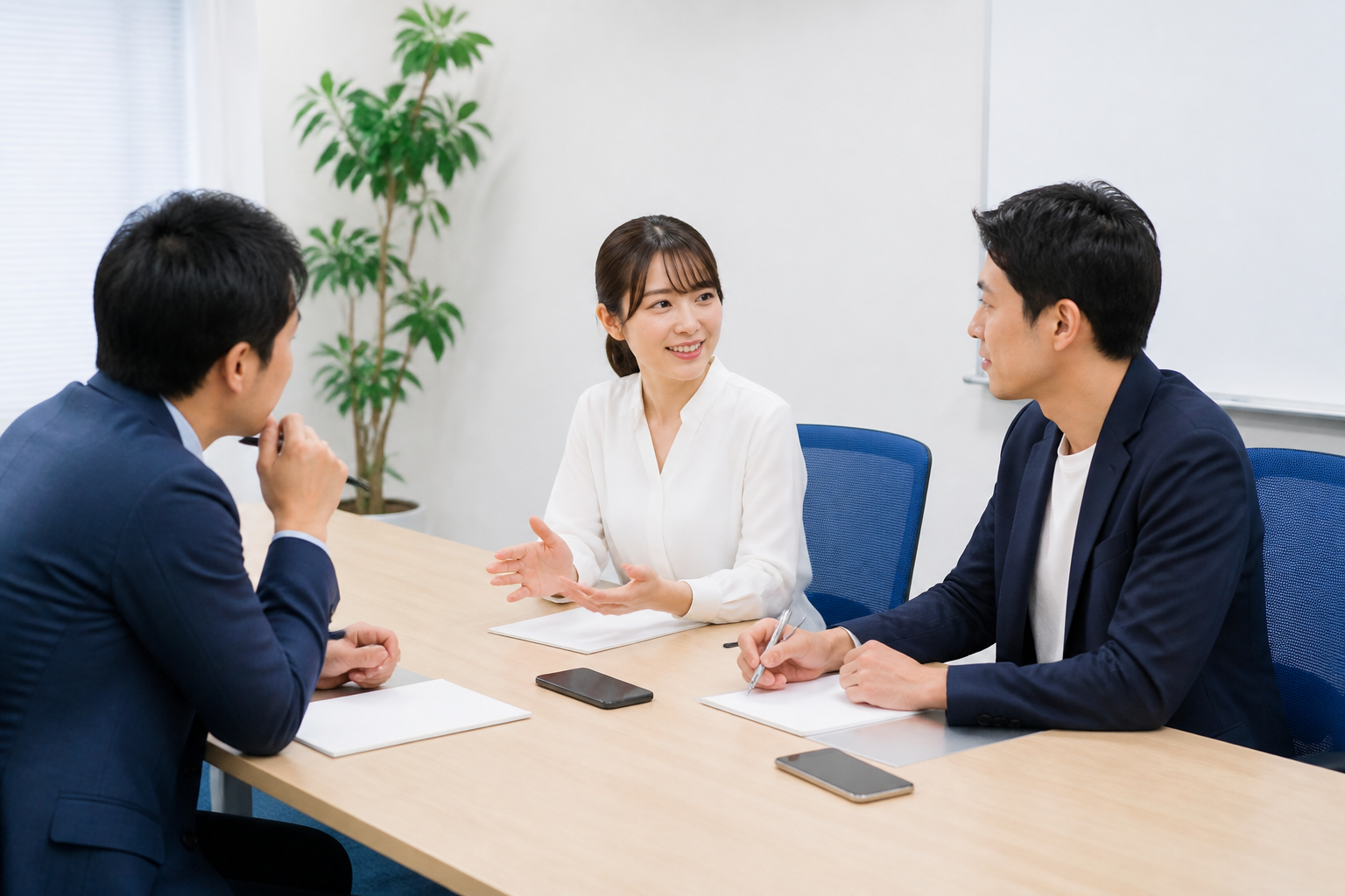 ショート動画の目的と対象住民を事務所内で話し合う広報担当者