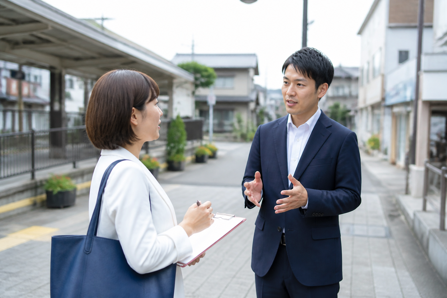 駅前の地域課題を現地で確認し具体的な提案を検討する政治活動関係者
