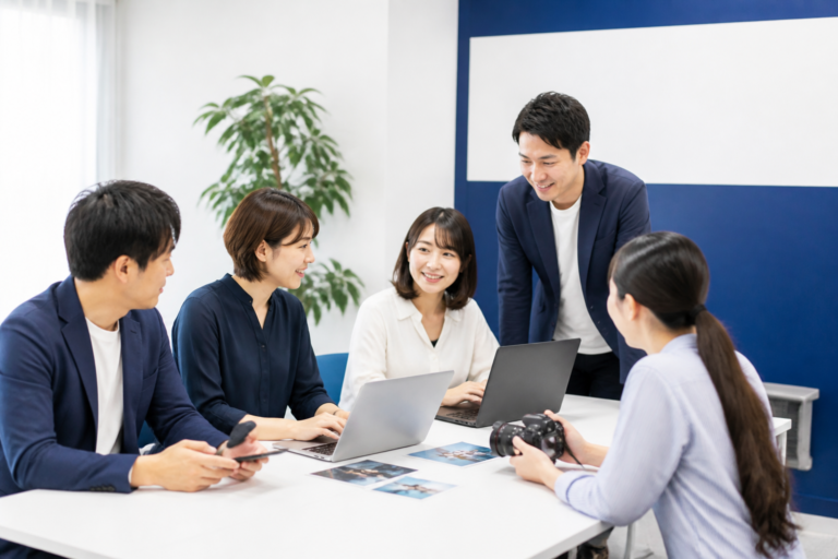 選挙に向けたSNS発信の役割分担を議員事務所内で話し合うスタッフ