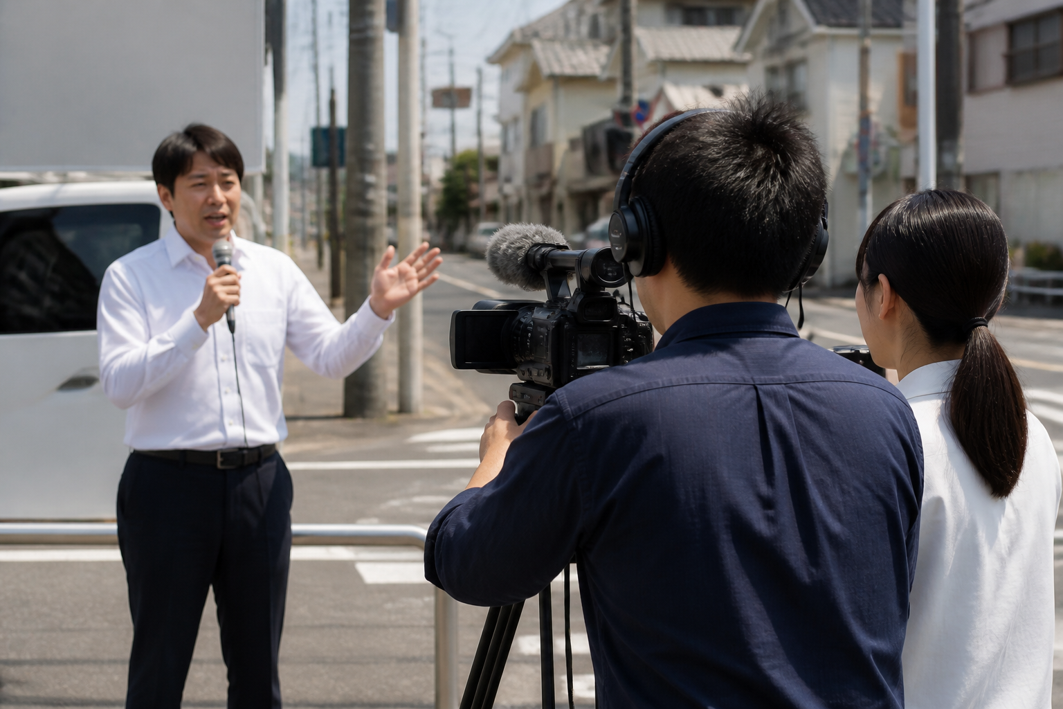 街頭演説をカメラとマイクで撮影するスタッフ