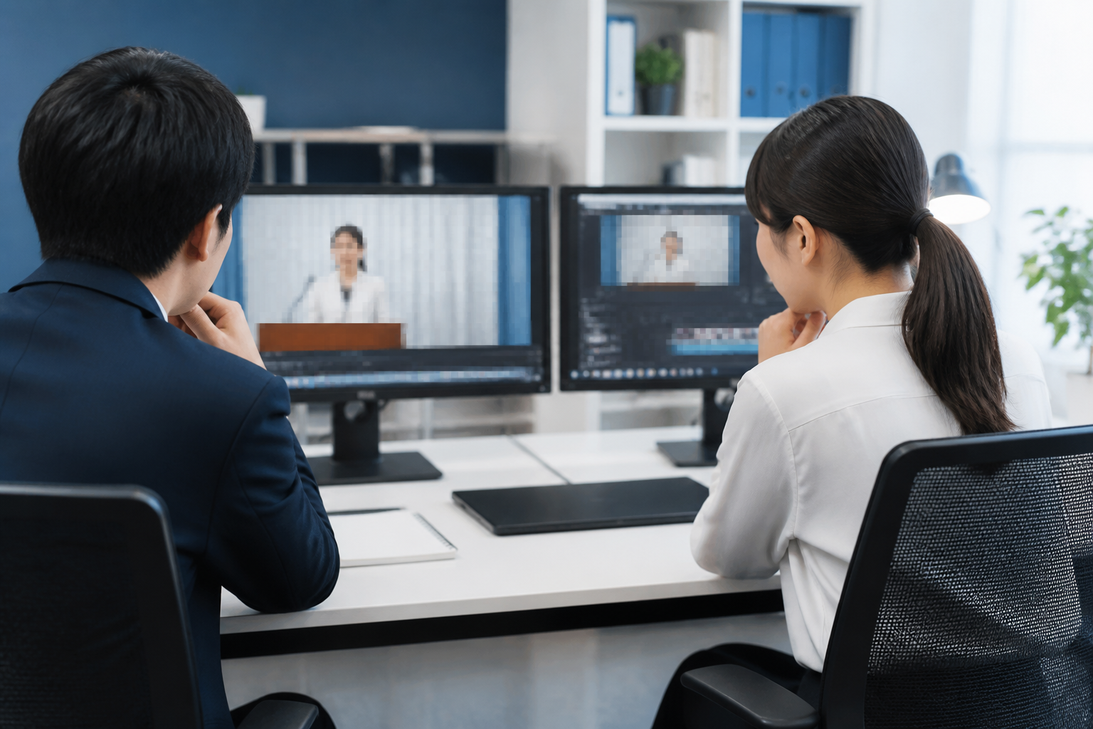 元の演説と切り抜き動画の文脈を確認するスタッフ
