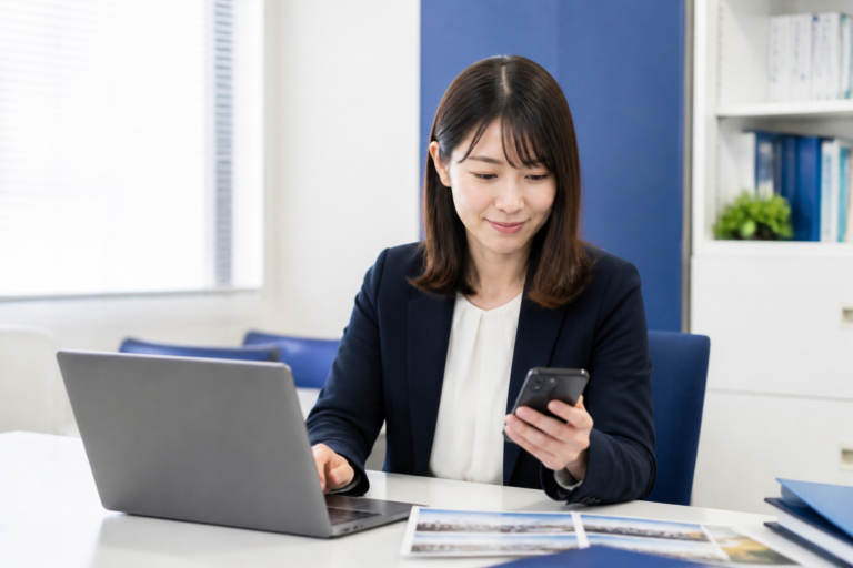地方議員事務所で複数のSNS向けに地域活動の投稿を準備する広報担当者