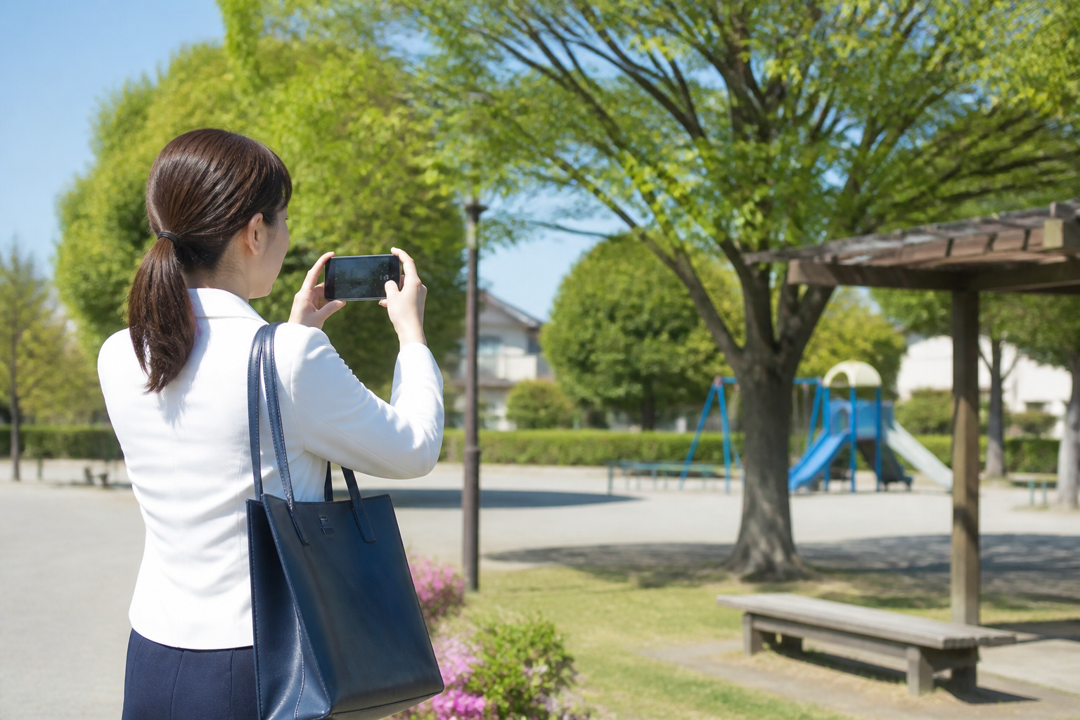 地域公園で安全点検の様子をスマートフォン撮影する議員事務所スタッフ