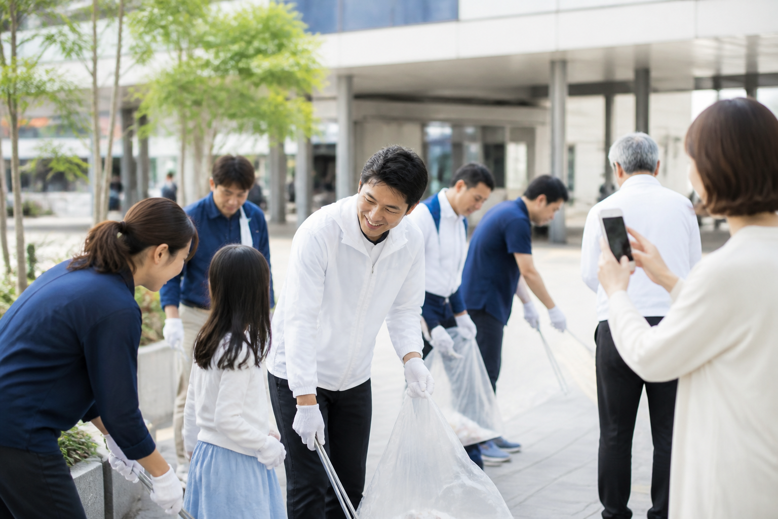 駅前清掃に参加する地方議員と住民を撮影する事務所スタッフ