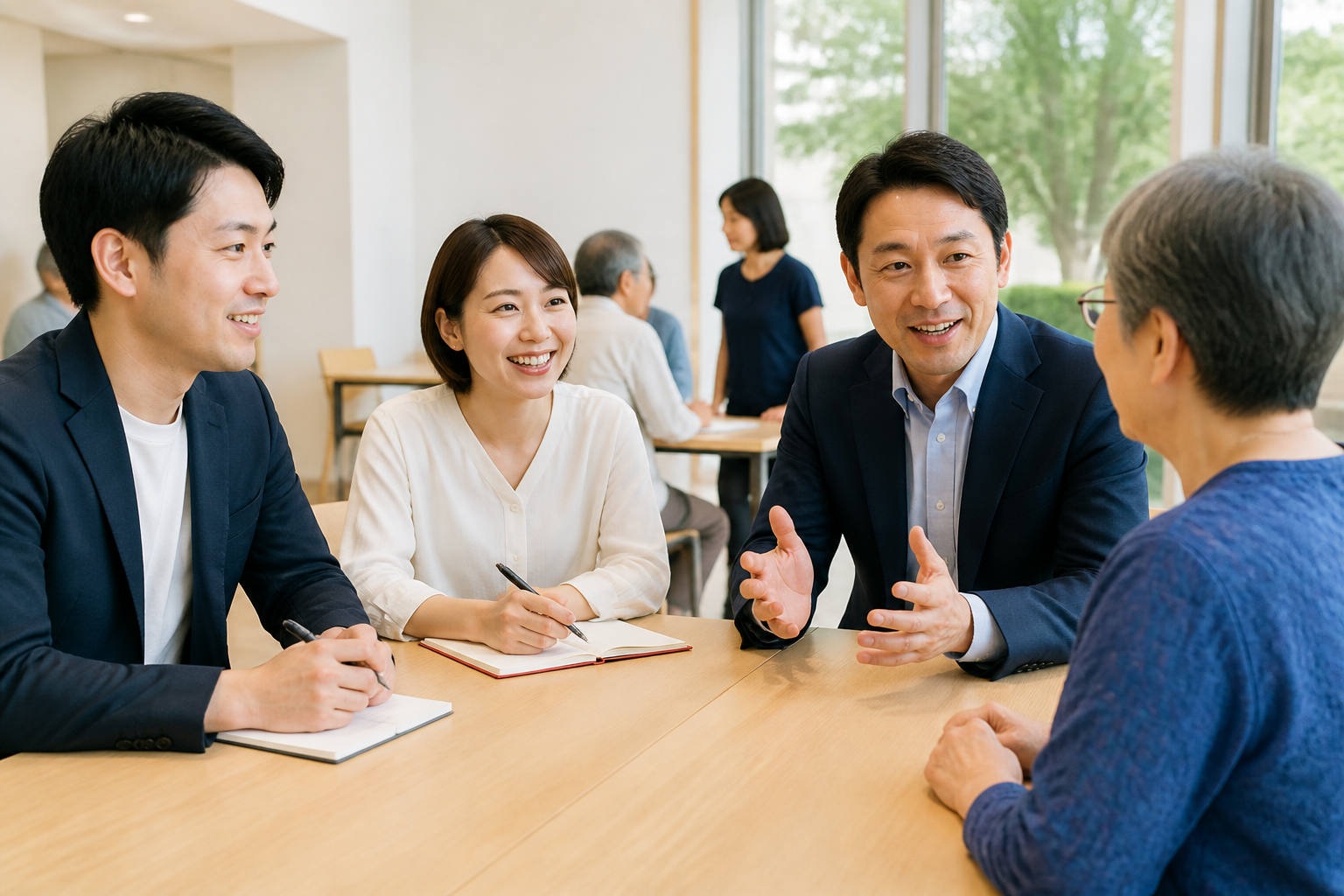 地域施設について住民の話を聞く地方議員とスタッフ