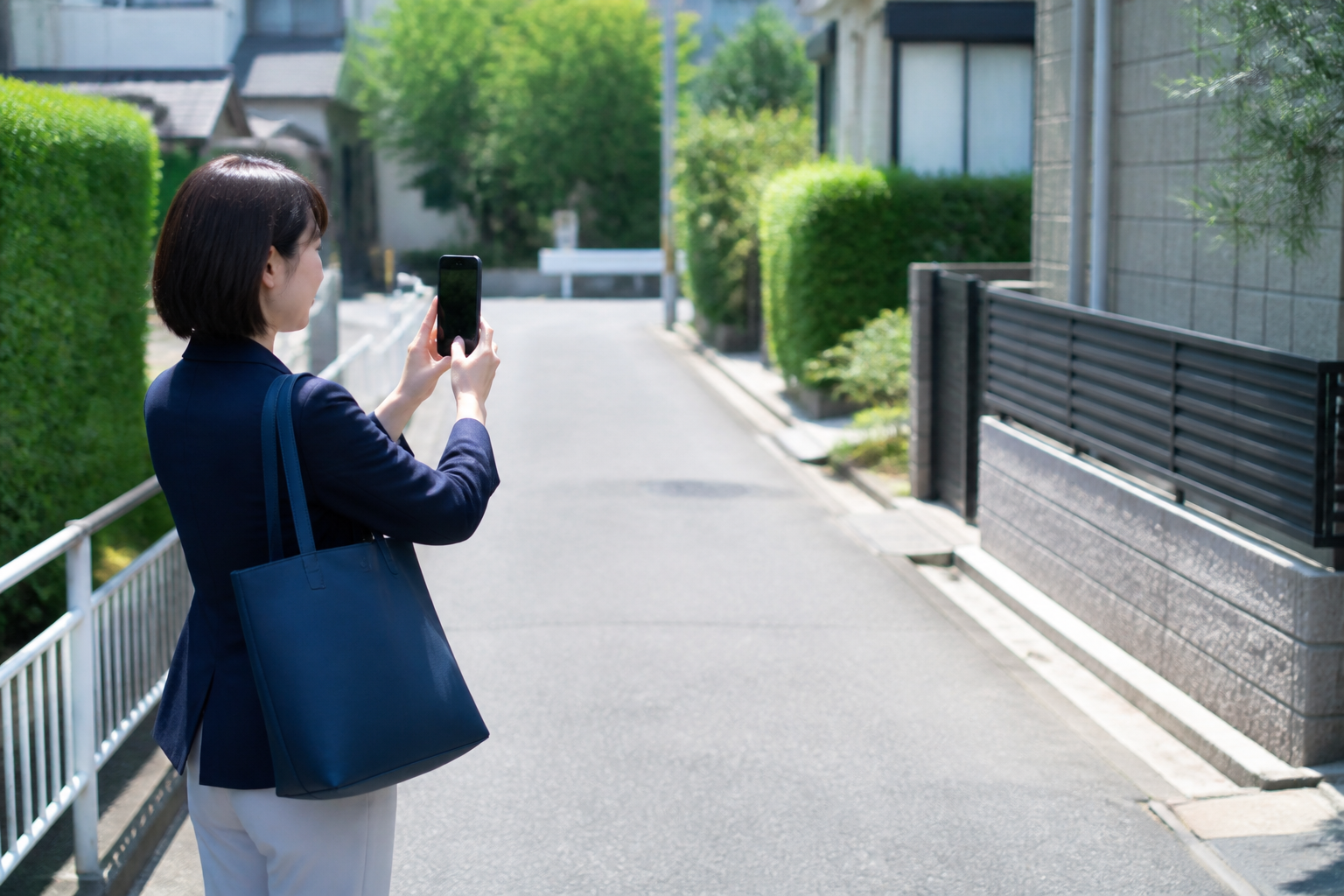 地域の歩道を確認し投稿用の写真を撮影する事務所スタッフ