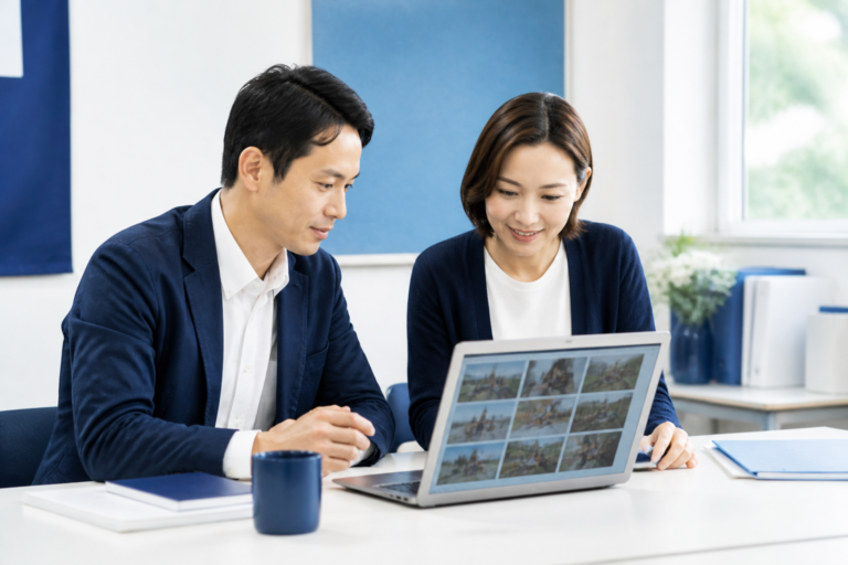 選挙活動で撮影した写真をノートパソコンで確認する候補者と広報スタッフ