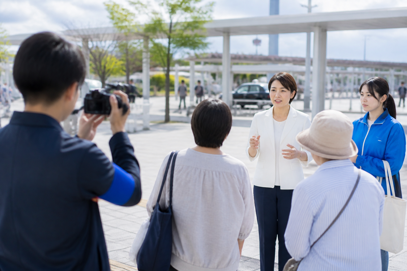 地域の駅前広場で活動内容が分かるように撮影された選挙活動の様子