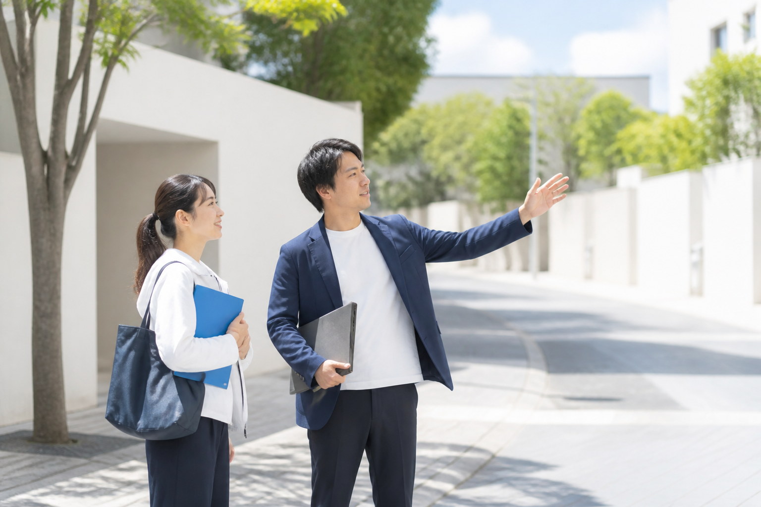 撮影前に活動場所の背景や周辺の写り込みを点検するスタッフ