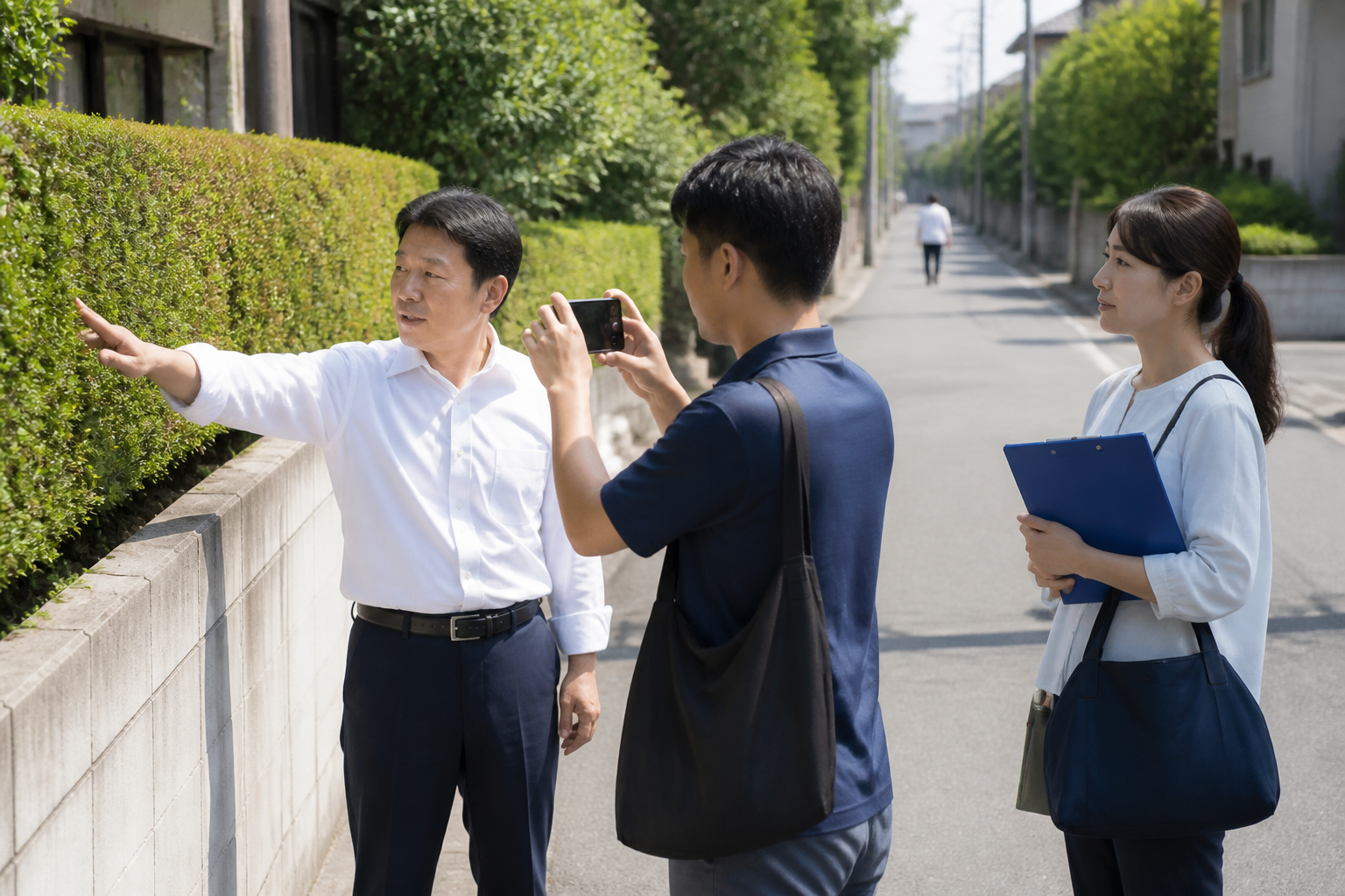 地域課題の現地確認をスマートフォンで動画撮影する政治活動関係者