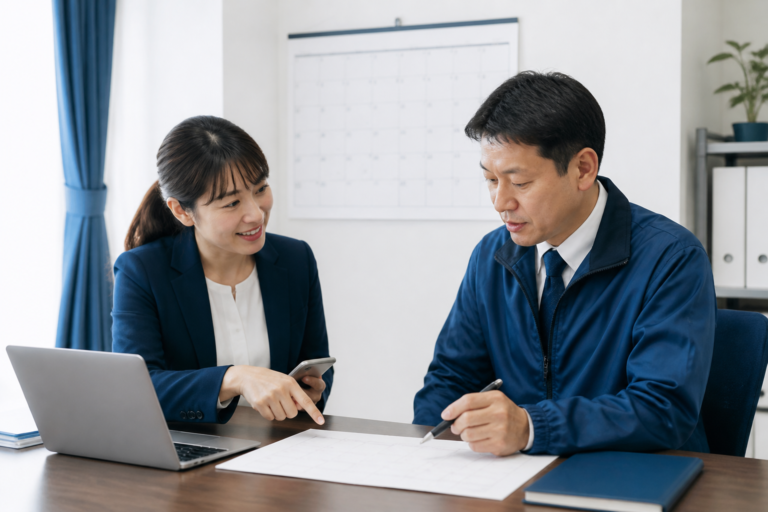議会日程や地域行事を確認しながらLINE配信カレンダーを作る地方議員と広報担当者