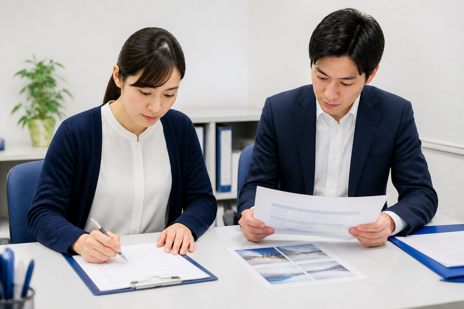 LINE配信前に日時や写真の公開範囲を確認する事務所スタッフ