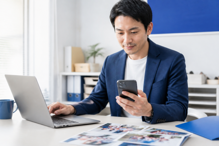 地方議員事務所で地域活動のSNS投稿を準備する様子