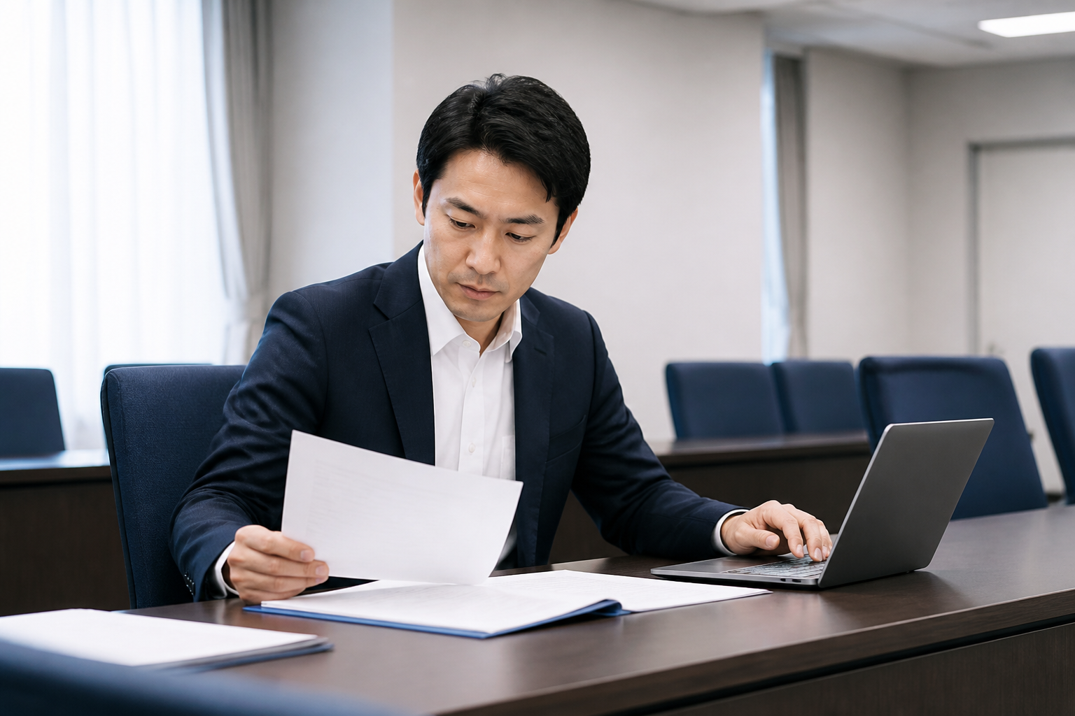 議会質問と政策資料の要点を整理する様子