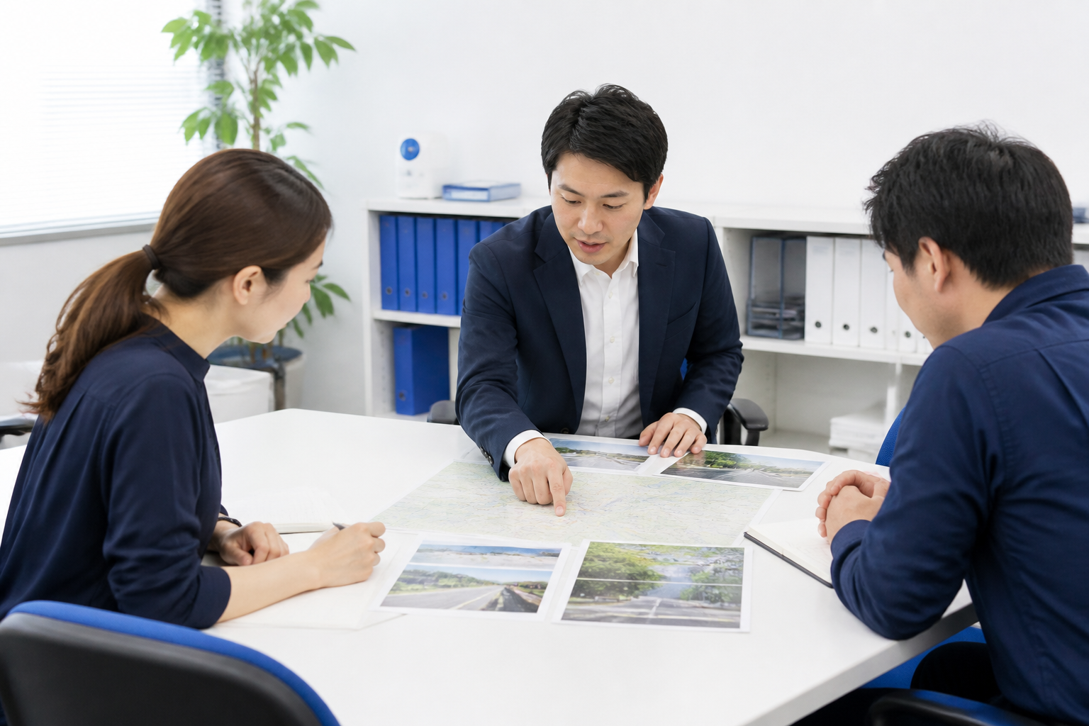 事務所で地域要望への対応経過を確認する様子