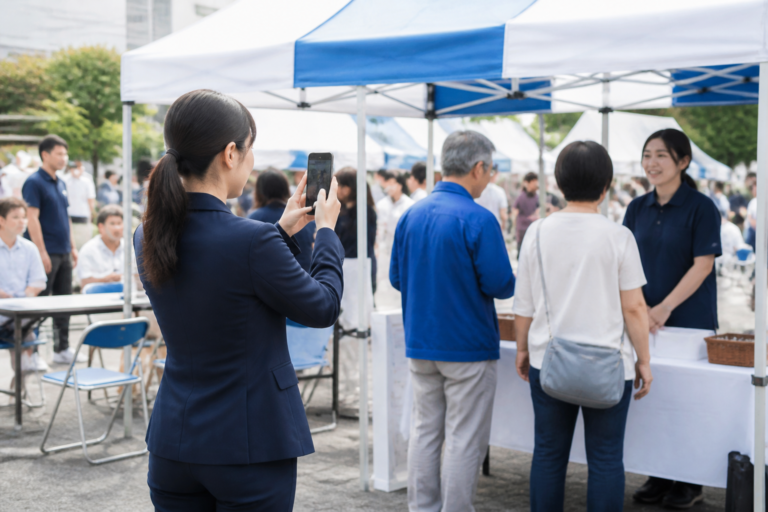 地域行事の様子をスマートフォンで記録する広報担当者と交流する住民