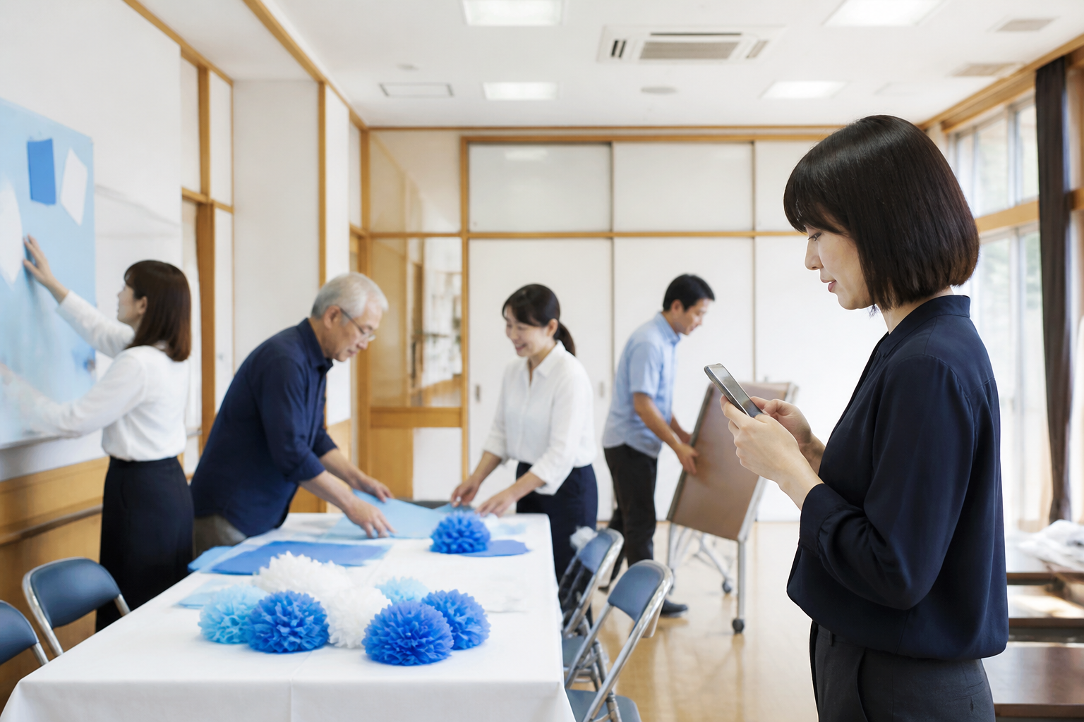 地域行事の準備会場で開催告知を確認する広報担当者