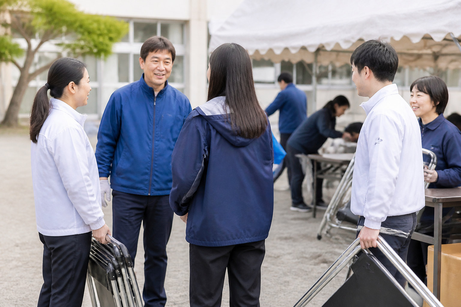 地域イベント終了後に会場を片付ける住民とボランティア