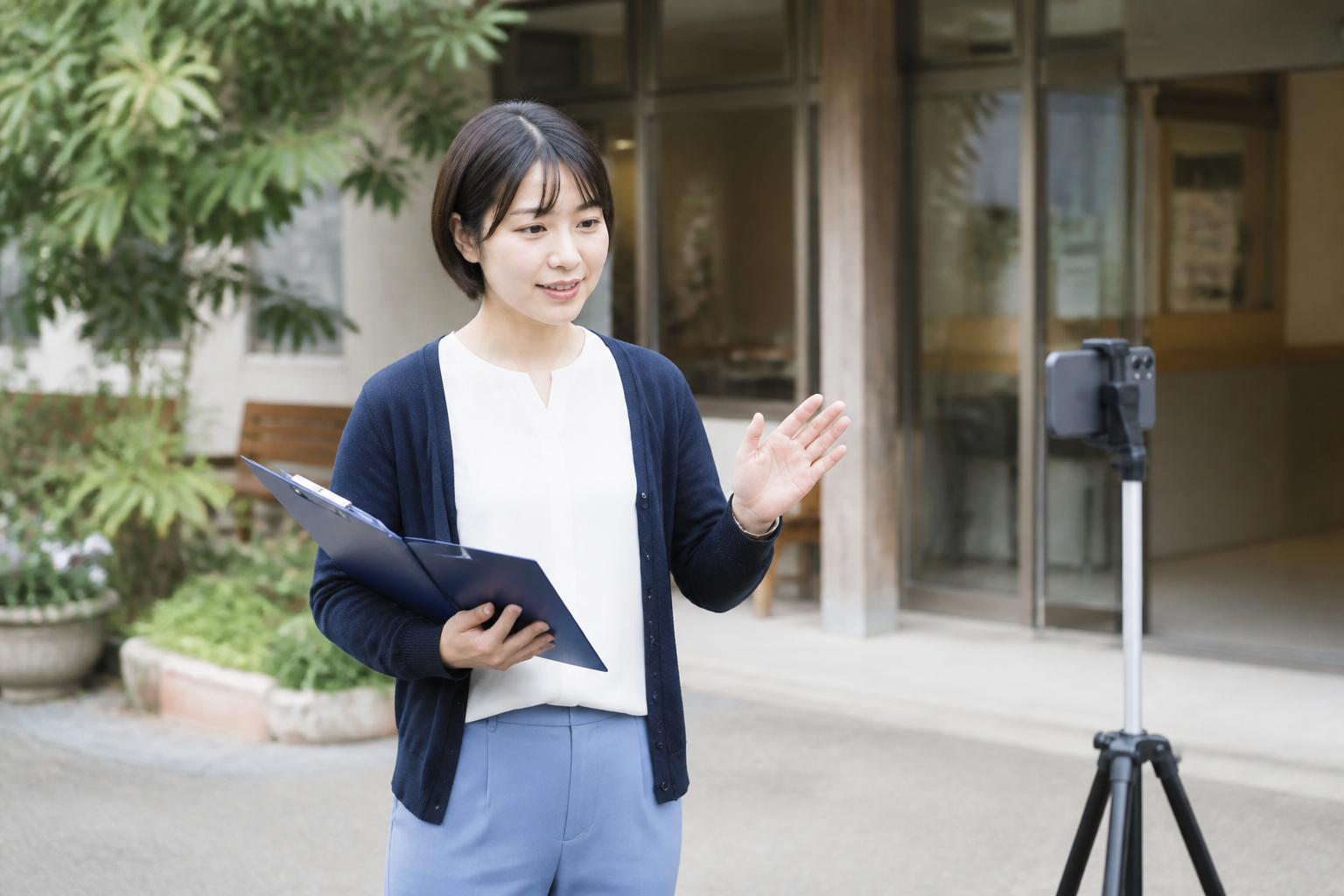 地域活動の目的が伝わるようスマートフォン動画の構成を確認する担当者