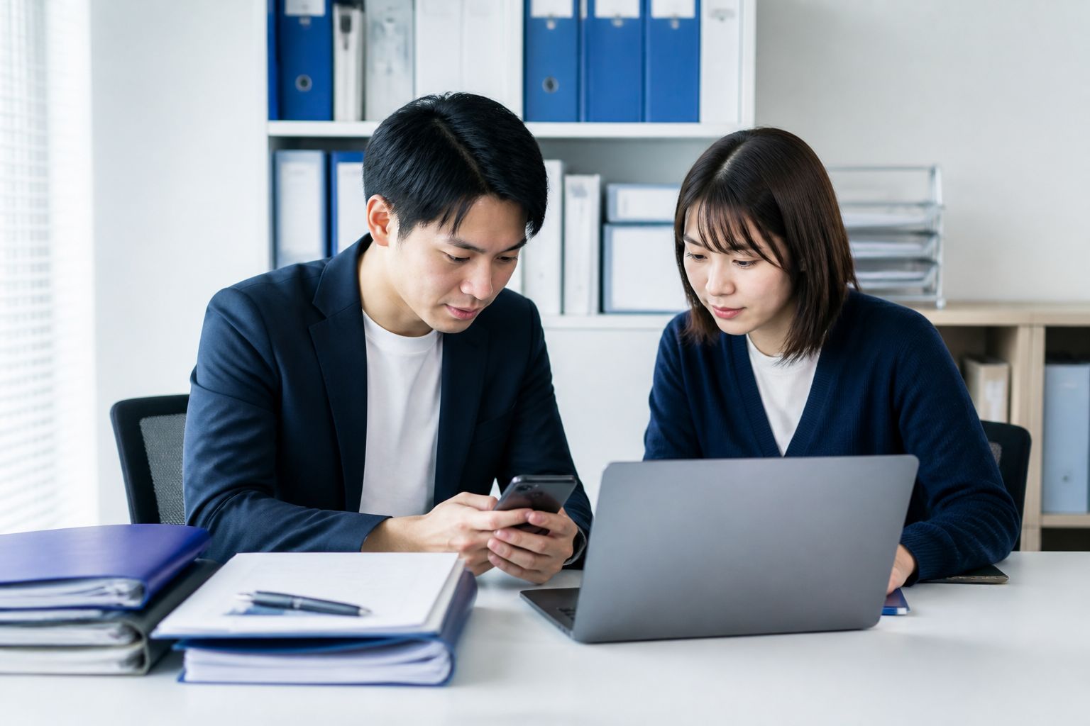 SNS投稿の公開前確認と文章の保存を行う事務所スタッフ