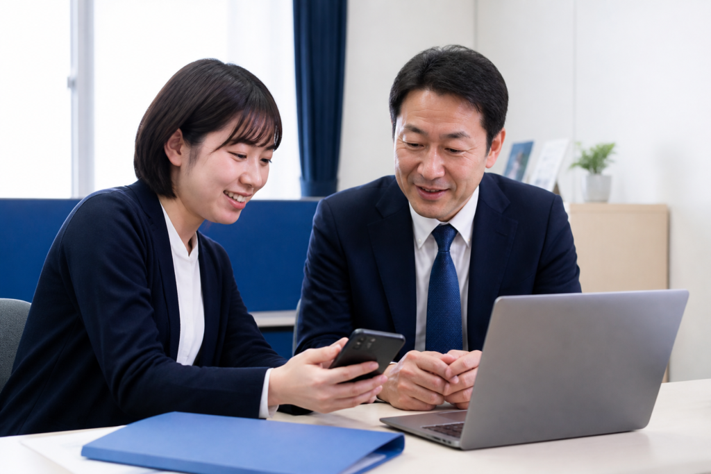 地方議員事務所でスマートフォンのSNS投稿を確認する議員と広報担当者