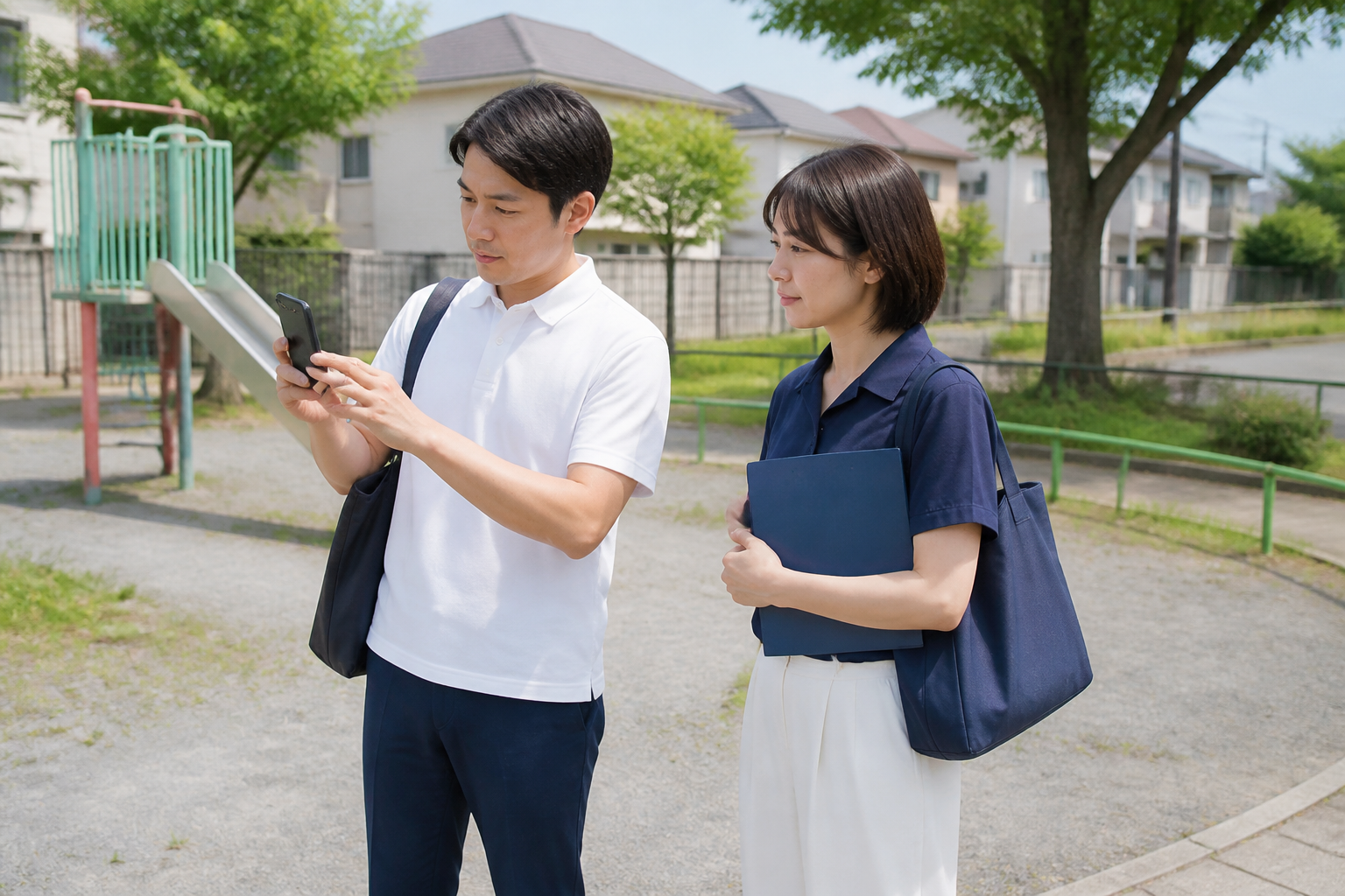 地域の公園で現場の状況をスマートフォン撮影する地方議員とスタッフ