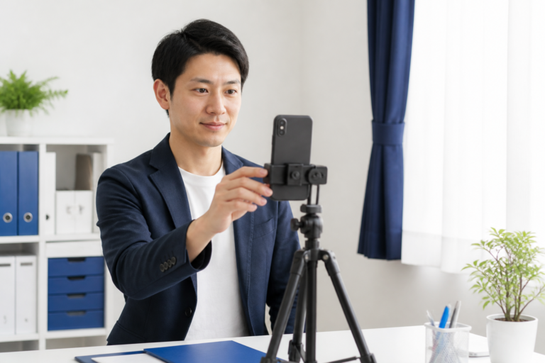 事務所内でスマートフォンを使ったSNS動画の撮影準備をする政治活動関係者